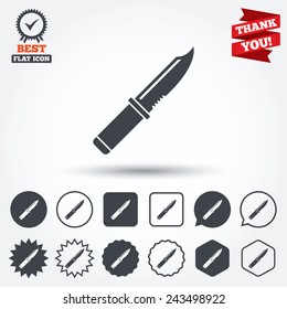 Knife sign icon. Edged weapons symbol. Stab or cut. Hunting equipment. Circle, star, speech bubble and square buttons. Award medal with check mark. Thank you ribbon. Vector