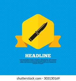 Knife sign icon. Edged weapons symbol. Stab or cut. Hunting equipment. Yellow label tag. Circles seamless pattern on back. Vector