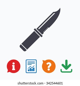 Knife sign icon. Edged weapons symbol. Stab or cut. Hunting equipment. Information think bubble, question mark, download and report.