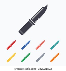 Knife sign icon. Edged weapons symbol. Stab or cut. Hunting equipment. Colored flat icons on white background.