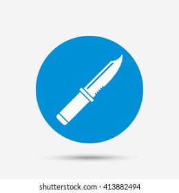 Knife sign icon. Edged weapons symbol. Stab or cut. Hunting equipment. Blue circle button with icon. Vector