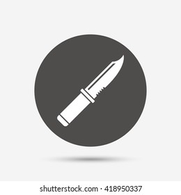 Knife sign icon. Edged weapons symbol. Stab or cut. Hunting equipment. Gray circle button with icon. Vector