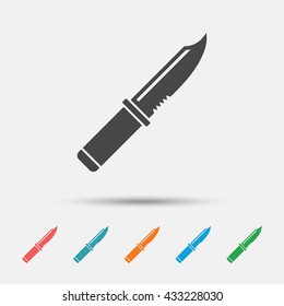 Knife sign icon. Edged weapons symbol. Stab or cut. Hunting equipment. Graphic element on white background. Colour clean flat knife icons. Vector