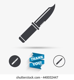 Knife sign icon. Edged weapons symbol. Stab or cut. Hunting equipment. Flat icons. Buttons with icons. Thank you ribbon. Vector