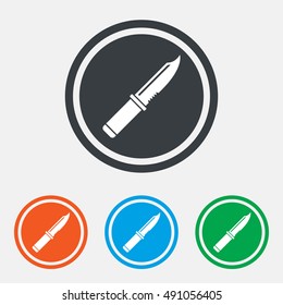 Knife sign icon. Edged weapons symbol. Stab or cut. Hunting equipment. Graphic design web element. Flat knife symbol on the round button. Vector
