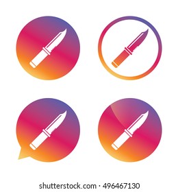 Knife sign icon. Edged weapons symbol. Stab or cut. Hunting equipment. Gradient buttons with flat icon. Speech bubble sign. Vector