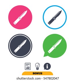 Knife sign icon. Edged weapons symbol. Stab or cut. Hunting equipment. Report document, information sign and light bulb icons. Vector