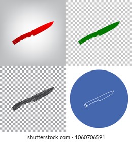 Knife sign. Vector. 4 styles. Red gradient in radial lighted background, green flat and gray scribble icons on transparent and linear one in blue circle.