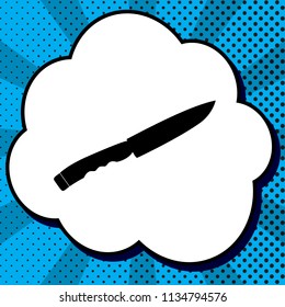 Knife sign. Vector. Black icon in bubble on blue pop-art background with rays.
