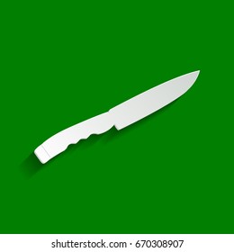 Knife sign. Vector. Paper whitish icon with soft shadow on green background.