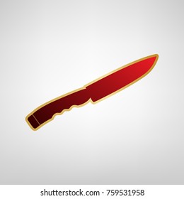 Knife sign. Vector. Red icon on gold sticker at light gray background.