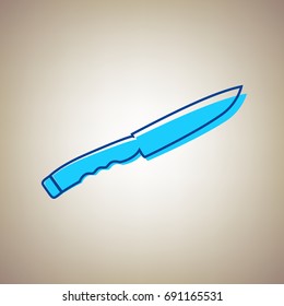 Knife sign. Vector. Sky blue icon with defected blue contour on beige background.