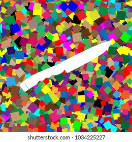 Knife sign. Vector. White icon on colorful background with seamless pattern from squares.