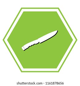Knife sign. Vector. White icon with black shadow at yellow green honeycomb on white background.
