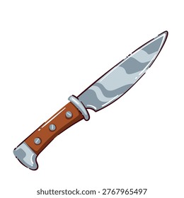 Knife with silver blade, brown handle and metal rivets, angled weapon token for mafia board game cards and role markers. Suspicion, attack and crime play with knife, vector illustration.