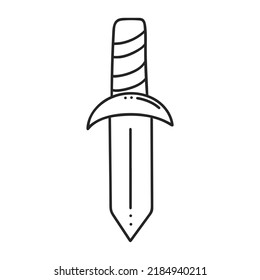 Knife simple doodle illustration. Contour image cold weapon with sharp metal blade. Kitchen turn tool. Ritual item for spells and sorcery. Isolated vector