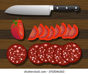 knife, sliced tomato and salami on wooden cutting bioard, vector illustration