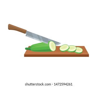 Knife slices courgette. Vector illustration on white background.