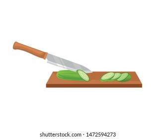 Knife slices cucumber. Vector illustration on white background.