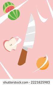 knife slices fruit. fruit is thrown up. slash effect. apple, orange, watermelon. fruit concept, chef, salad, cut, etc. flat vector illustration