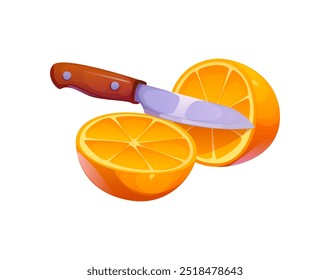 Messer in Scheiben schneiden eine Orange in der Hälfte, scharfe Klinge gleitet reibungslos, offenbart saftiges Fleisch im Inneren. Isolierte Cartoon-Vektorbild vermitteln Frische von Zitrusfrüchten Splits in zwei Hälften während des Kochprozesses