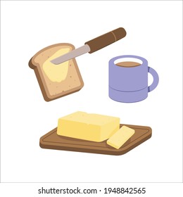 Knife schmiert Butter auf dem Brot. Stück Butter und Messer. Frühstücksvorbereitungskonzept