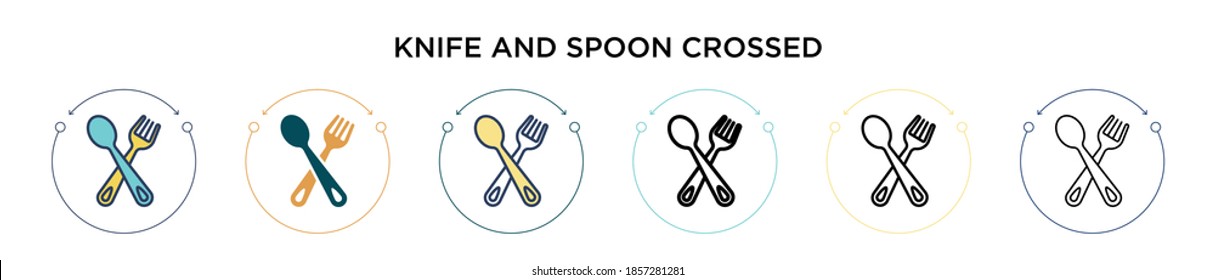 Knife and spoon crossed icon in filled, thin line, outline and stroke style. Vector illustration of two colored and black knife and spoon crossed vector icons designs can be used for mobile, ui, web