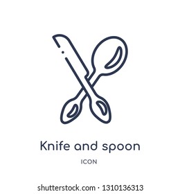 knife and spoon crossed icon from ultimate glyphicons outline collection. Thin line knife and spoon crossed icon isolated on white background.