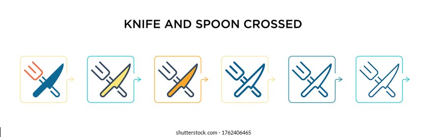 Knife und Löffel kreuzten Vektorsymbol in 6 verschiedenen modernen Stilen. Schwarze, zweifarbige Messer- und Löffelkreuz-Symbole, die in Form von Umrissen, Linien und Schlaganfällen entworfen wurden. Vektorgrafik kann verwendet werden 