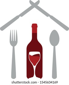 Knife, spoon, fork and bottle of wine logo