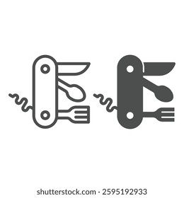 Knife with spoon, fork and corkscrew line and solid icon, eco tourism concept. Vector graphics. Utility knife, cutting tool sign on white background, outline style icon for mobile or web design