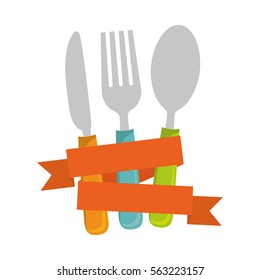 knife, spoon and fork with decorative ribbon over white background. colorful design. vector illustration