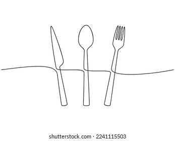 Knife, spoon, fork icon set top view vector one line continuous drawing illustration. Hand drawn linear silhouette. Minimal outline design element for print, banner, card, brochure, poster, menu.