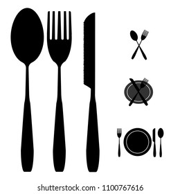 The knife ,spoon and fork icons set. Knife and fork symbol. Flat illustration. Illustration solid symbols on white background.