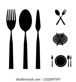 Knife, spoon and fork Knives and forks Flat symbols Flat icons Showing solid symbols on a white background Black silhouette isolated from the background.