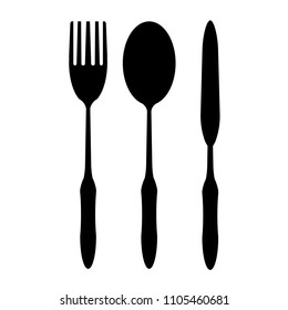 Knife, spoon and fork Knives and forks Flat symbols Flat icons Showing solid symbols on a white background Black silhouette isolated from the background.