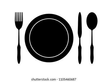 Knife, spoon and fork Knives and forks Flat symbols Flat icons Showing solid symbols on a white background Black silhouette isolated from the background.
