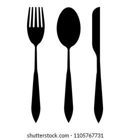 Knife, spoon and fork. Knives and forks Flat symbols Flat icons Showing solid symbols on a white background Black silhouette isolated from the background.