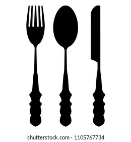 Knife, spoon and fork. Knives and forks Flat symbols Flat icons Showing solid symbols on a white background Black silhouette isolated from the background.