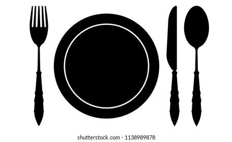 Knife, spoon and fork. Knives and forks Flat symbols. Black silhouette isolated