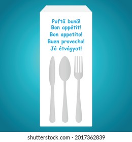Knife, spoon and fork with the text “bon appetit” in different languages on an envelope