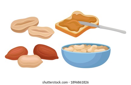 Knife Spreading Peanut Butter on Bread Slice and Salty Nuts in Bowl Vector Set