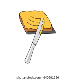 The knife spreads the pate on rye bread