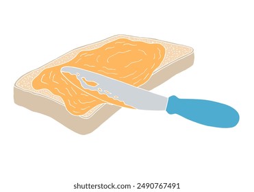 A knife spreads peanut butter on bread toast. Hand Drawn. Freehand drawing. Doodle. Sketch.