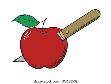 Knife stabs apple, vector
