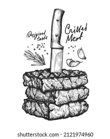 Knife and steaks, vector sketch. Cooking meat for barbecue vintage style illustration