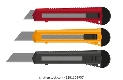 Knife stroitelny, clerical yellow, gray, red. For cutting paper, boxes, stationery logo design. Stationery knife isolated on white background vector design and illustration.