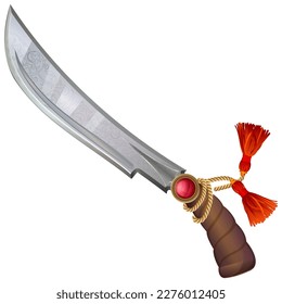 Knife, sword, machete - an element of defense weapons - pirates, corsairs, knights, a fabulous sword in Asian style with a pattern and silk tassels