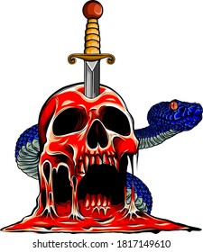 Un cuchillo a través del cráneo. Serie simple de caras de cráneo. Vector de diseño de tatuaje de cráneo monoline