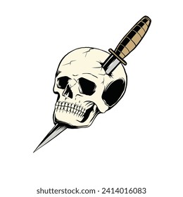 A knife through a skull. Simple skull face series. Monoline skull tattoo design vector